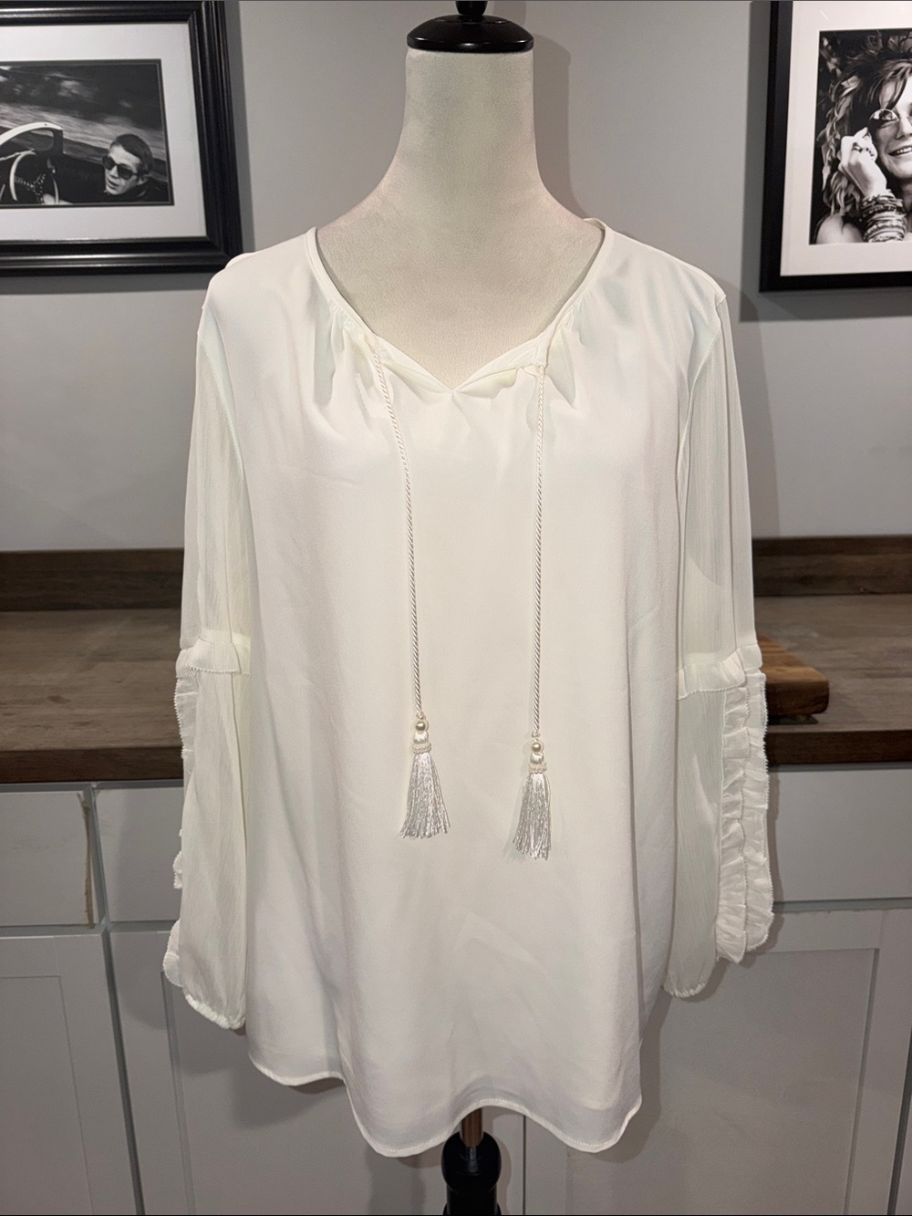 Chico's Cream Tassel Peasant Blouse 3P